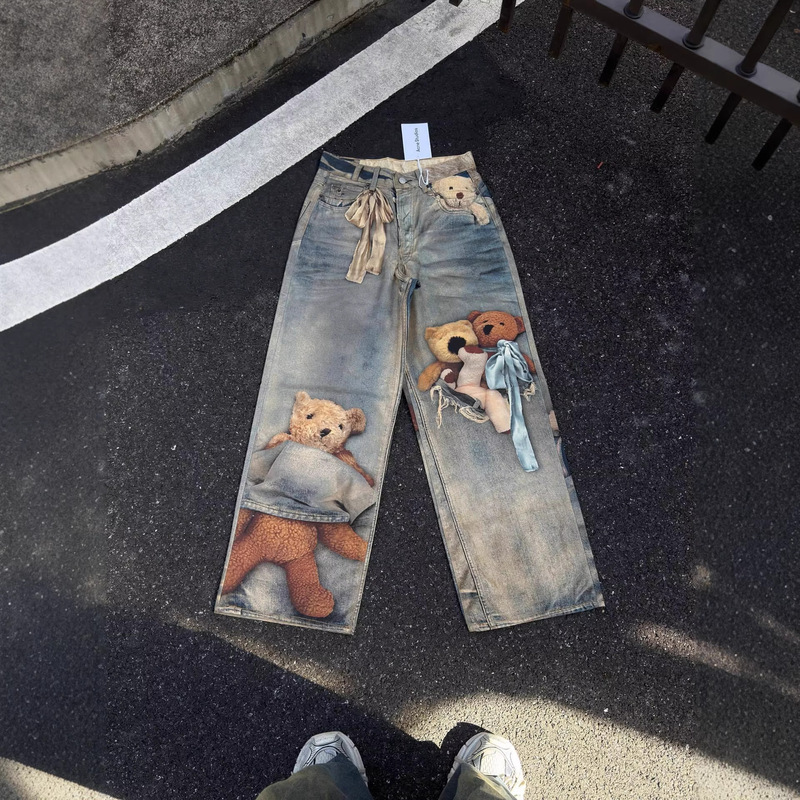 Trendy Correct Version Ac24 Hot-Selling Item for All Seasons Teddy Bear 3D Print Loose Low-Waist Wide-Leg Jeans Trendy Correct Version Ac24 Hot-Selling Item for All Seasons Teddy Bear 3D Print Loose Low-Waist Wide-Leg Jeans