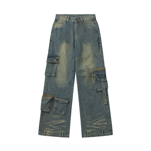 Cross-border American retro high street multi-pocket workwear jeans for women Y2K street straight leg wide-leg floor-length pants