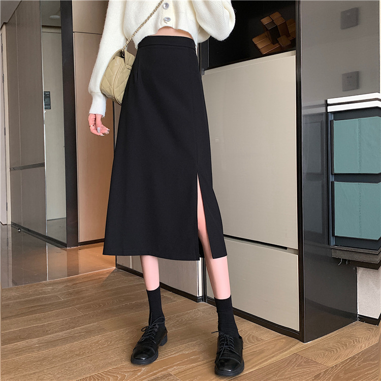 Split A- line Hip Skirt Spring New High Waist Design Black French 2023 Mid-length Skirt for Women