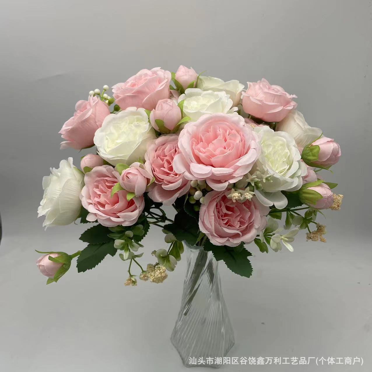 Cross-Border Artificial Flower Bouquet with Small Roses, 5-Head Peony Flowers, Green Plants, Persian Wedding Decoration, High-Quality Fake Flower Arrangement