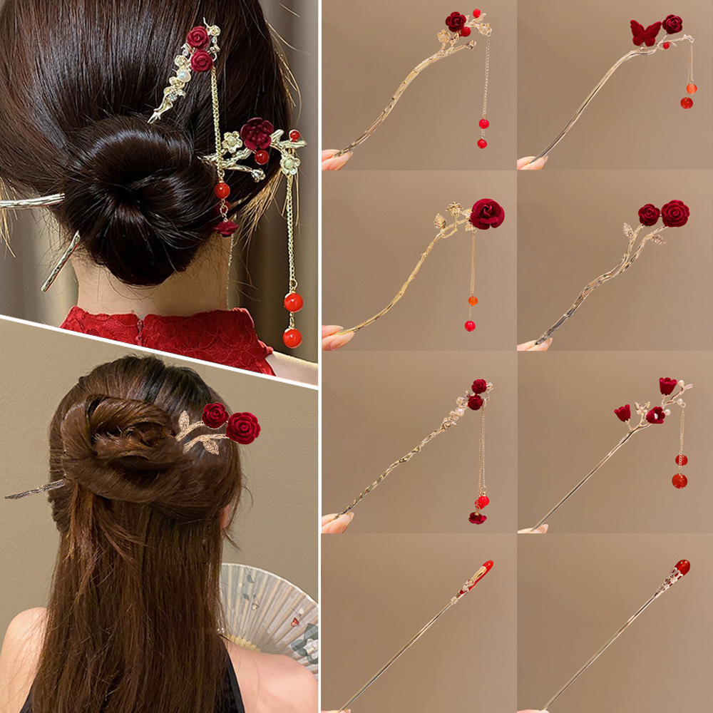 Red Flower tassel hairpin for women autumn and winter New Chinese style high-grade sense chopsticks ancient style hanfu plate hairpin Christmas headdress