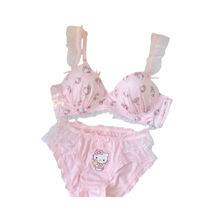 Japanese cute lace wireless bra, supporting push up bra, thin set