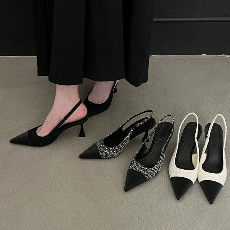 Slingback Pointed-Toe Heels, Women's Summer High Heels, Pointy Toe Sling, Black/White