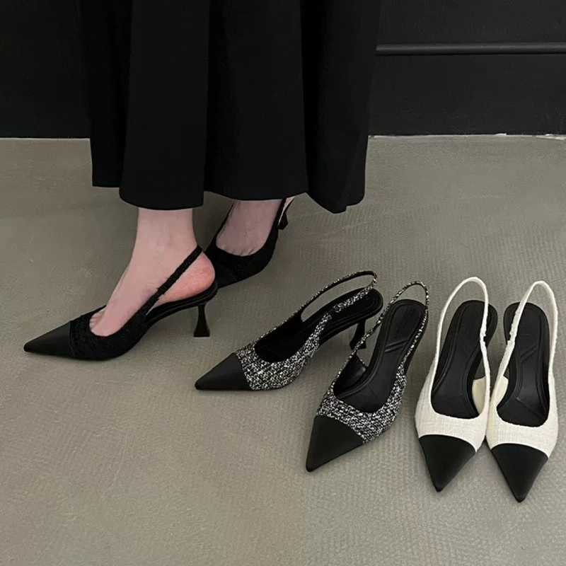 Slingback Pointed-Toe Heels, Women's Summer High Heels, Pointy Toe Sling, Black/White