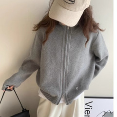 春秋新款女韩版宽松时尚简约纯色上衣开衫百搭休闲双拉链毛衣外套