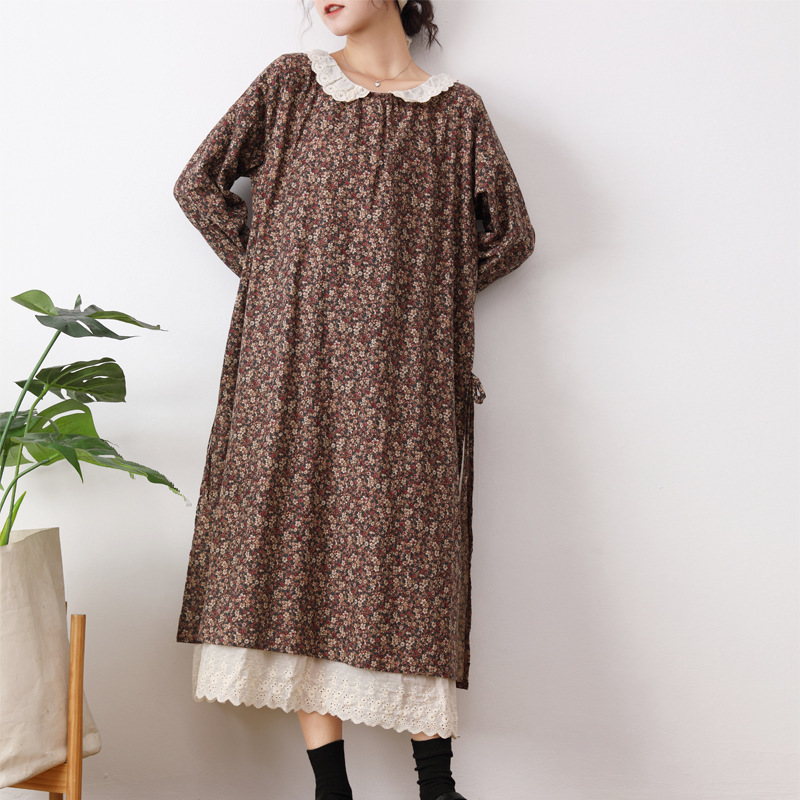 Japanese-Style Sweet Plus-Size Cotton and Linen Floral Long Dress, New Loose Doll Collar Fake Two-Piece Long-Sleeve Dress for Women Japanese-Style Sweet Plus-Size Cotton and Linen Floral Long Dress, New Loose Doll Collar Fake Two-Piece Long-Sleeve Dress for Women