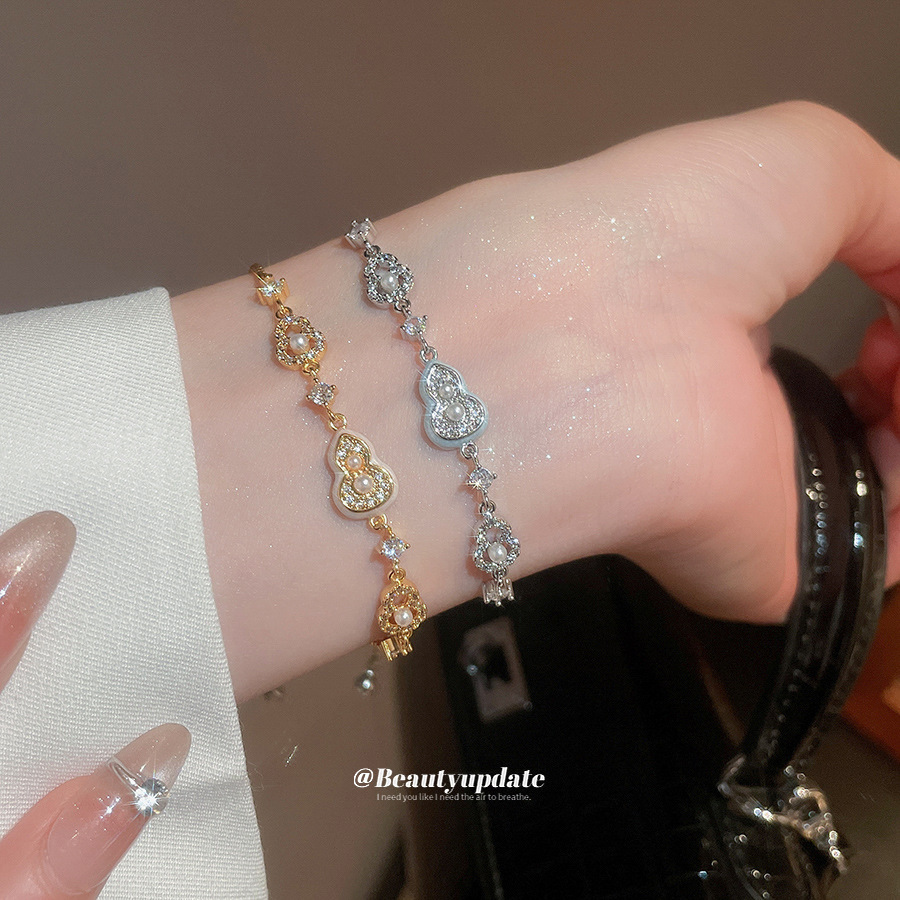 Pulsera de perlas de calabaza de circón galvanizado en oro real de 18k, pulsera exquisita y elegante de todo fósforo, joyería de alta calidad de lujo ligero para mujer