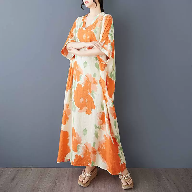 Реичный выстрел 2025 Летний цвет праздничный стиль туристический воротник ретро длинная юбка, покрывающий мясо, хлопковое платье