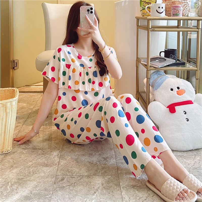 New Arrival Pajamas Women's Summer Thin Printed Short-Sleeved Trousers suit Spring and Autumn Cotton Silk Korean Style plus size Loose Home Clothes New Arrival Pajamas Women's Summer Thin Printed Short-Sleeved Trousers suit Spring and Autumn Cotton Silk Korean Style plus size Loose Home Clothes