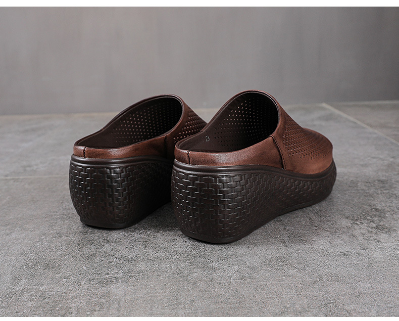 Dép sandal nữ quai chữ V đơn giản, đế xuồng cao, da bò thật, mũi hở — màu nâu chi tiết 12