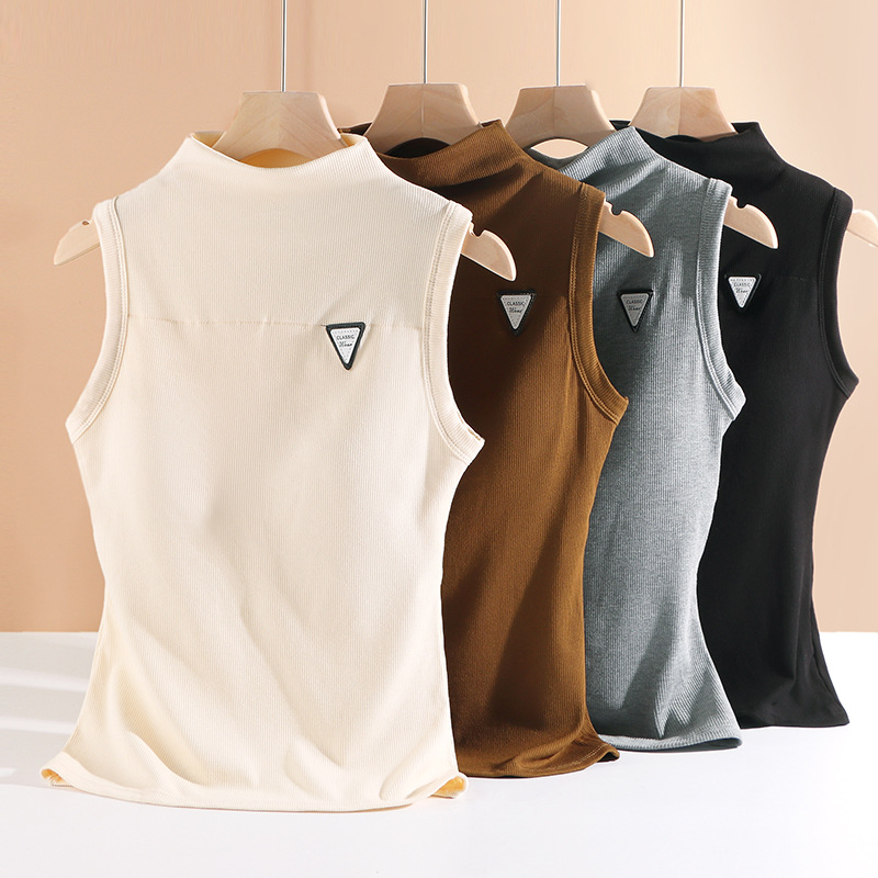 Otoño e Invierno Calefacción de terciopelo ropa interior térmica engrosada sin costura medio cuello alto cepillado chaleco térmico taza fija bottoming top