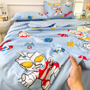 2025 New Genuine Authorized Kidsren's Cartoon Washable Summer Quilt Ice Silk Air-Conditioned Quilt Summer Cool Quilt Four-Piece Set Summer
