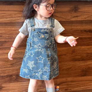 Korean Style Kidsren's Clothing Girls' Dress 2025 Summer New Style Kidsren's Fashionable Star Print Denim Suspender Skirt