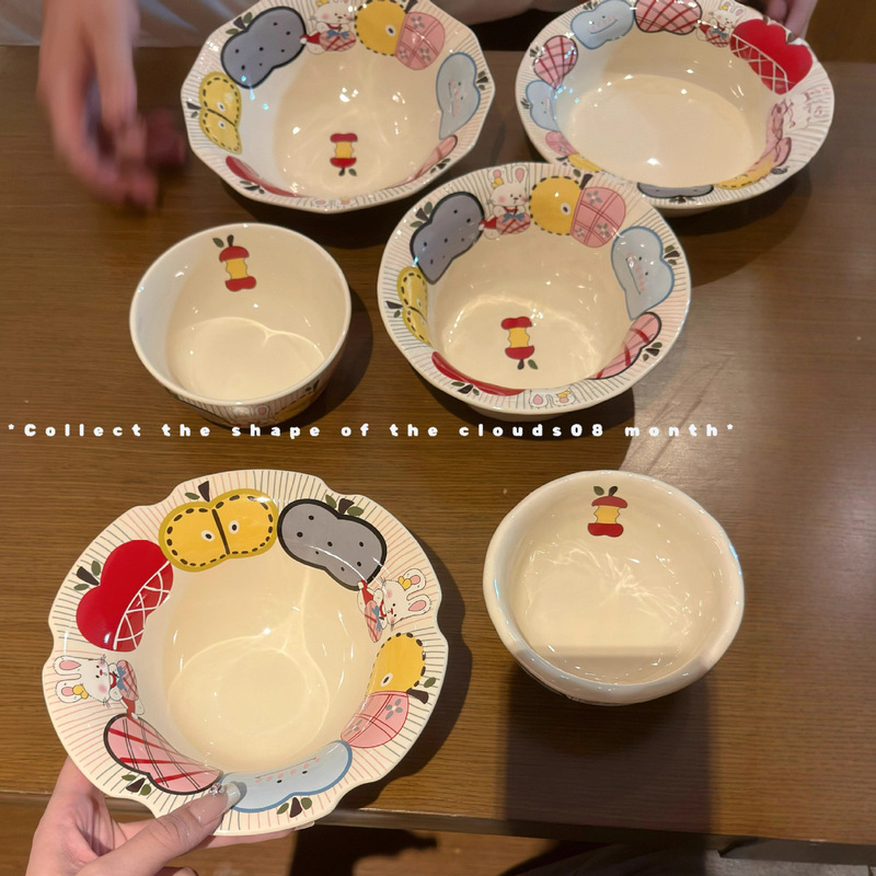 苹果兔系列盘子家用菜盘新款牛排餐盘陶瓷盘子可爱深盘漂亮餐盘|undefined