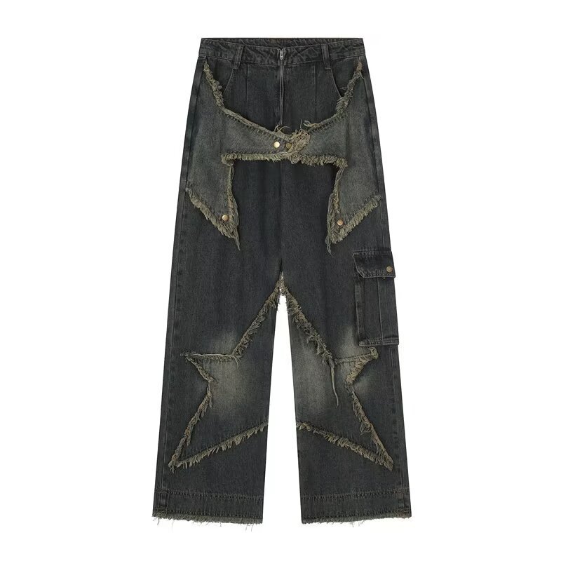 American Style Vintage Distinctive Five-pointed Star Cloth Washed Rag Jeans Men's Trendy Brand Loose Couple's Straight Wide-leg Pants