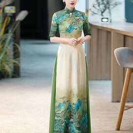 夏季改良旗袍女新中式舞台走秀演出服中老年舞蹈服复古连衣裙