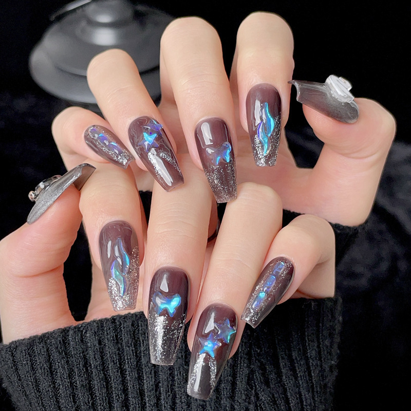 Original Real-Shot Handmade Wearable Nails Aurora Flash Nail Patch Removable Black and White Swan Purple Butterfly Original Real-Shot Handmade Wearable Nails Aurora Flash Nail Patch Removable Black and White Swan Purple Butterfly