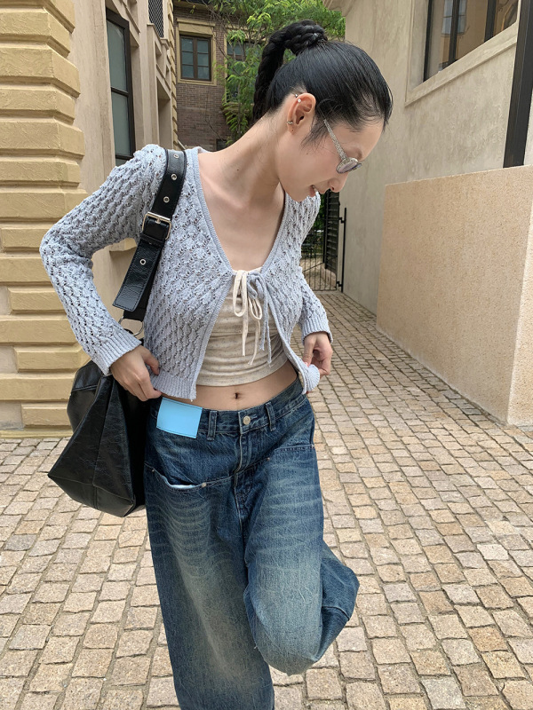 [9hour]个性扎染条纹阔腿牛仔裤女 2025秋季一字口袋长裤女hc1285|undefined