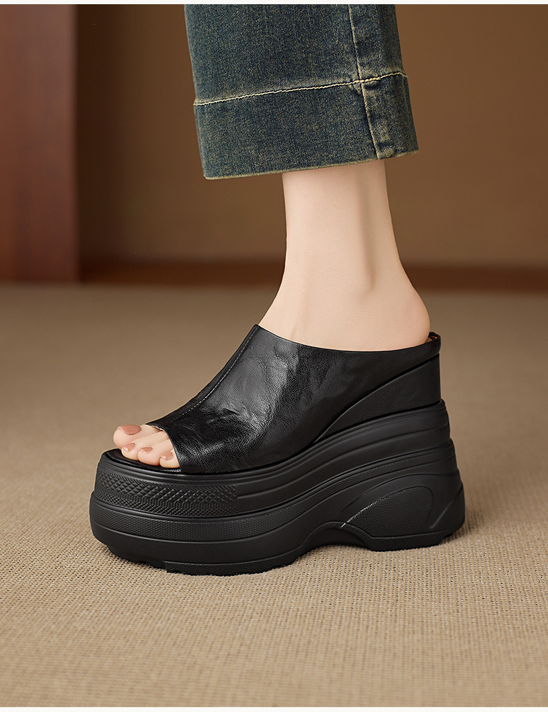 Dép sandal nữ quai chữ V đế xuồng cao gót ẩn, mũi hở, da PU chống nước — màu đen, màu trắng ngà chi tiết 8