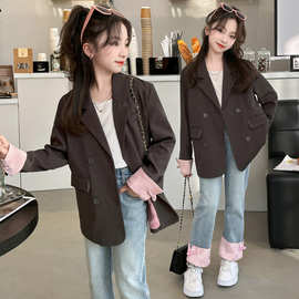 2024春季新款女童套装春装中大童中国风西装外套牛仔长裤两件套潮