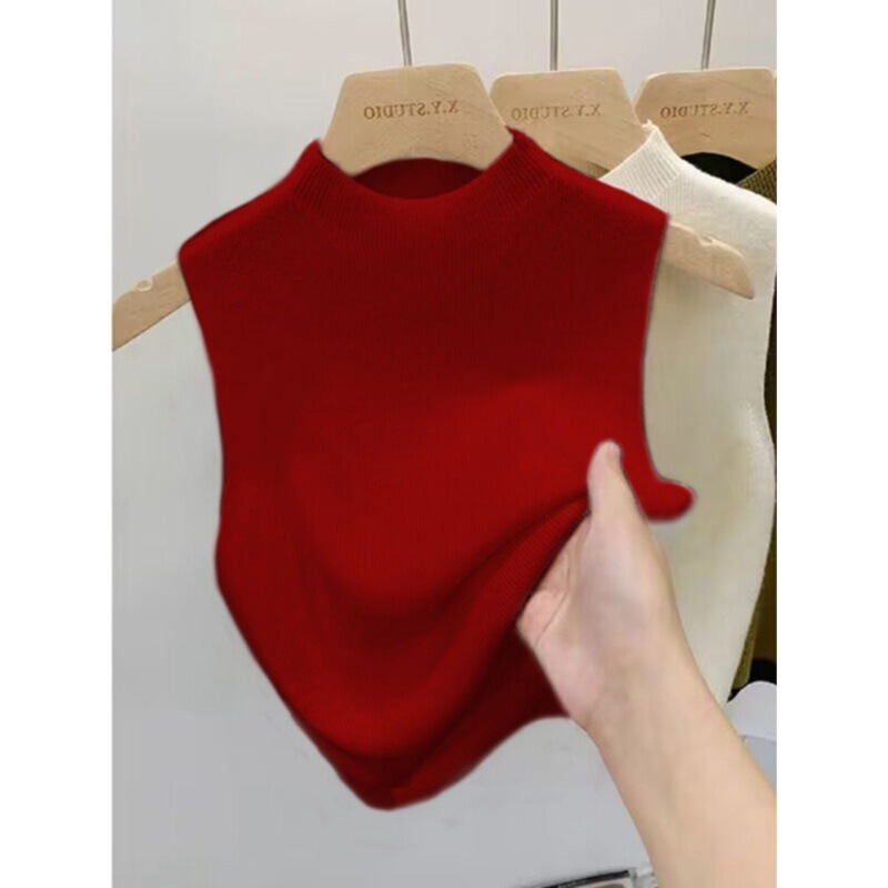 Knitted small camisole women's autumn and winter suit undershirt spring and summer outer wear half turtleneck sleeveless T-shirt top