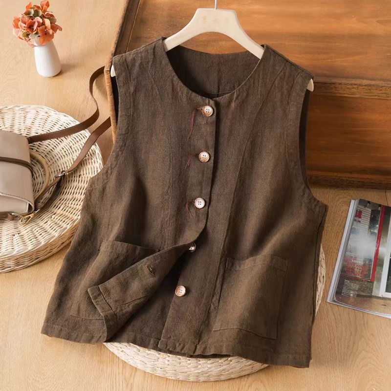2026 Spring/Summer New Retro Artistic Casual Style Round Neck Sleeveless Loose Hemp Vest for Women