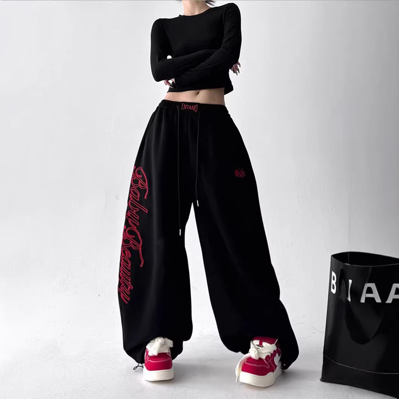 2025 Autumn New Vintage Letter Embroidery Sports Pants for Women, Loose Casual Pants for Spring and Autumn, American Style Sweatpants for Students