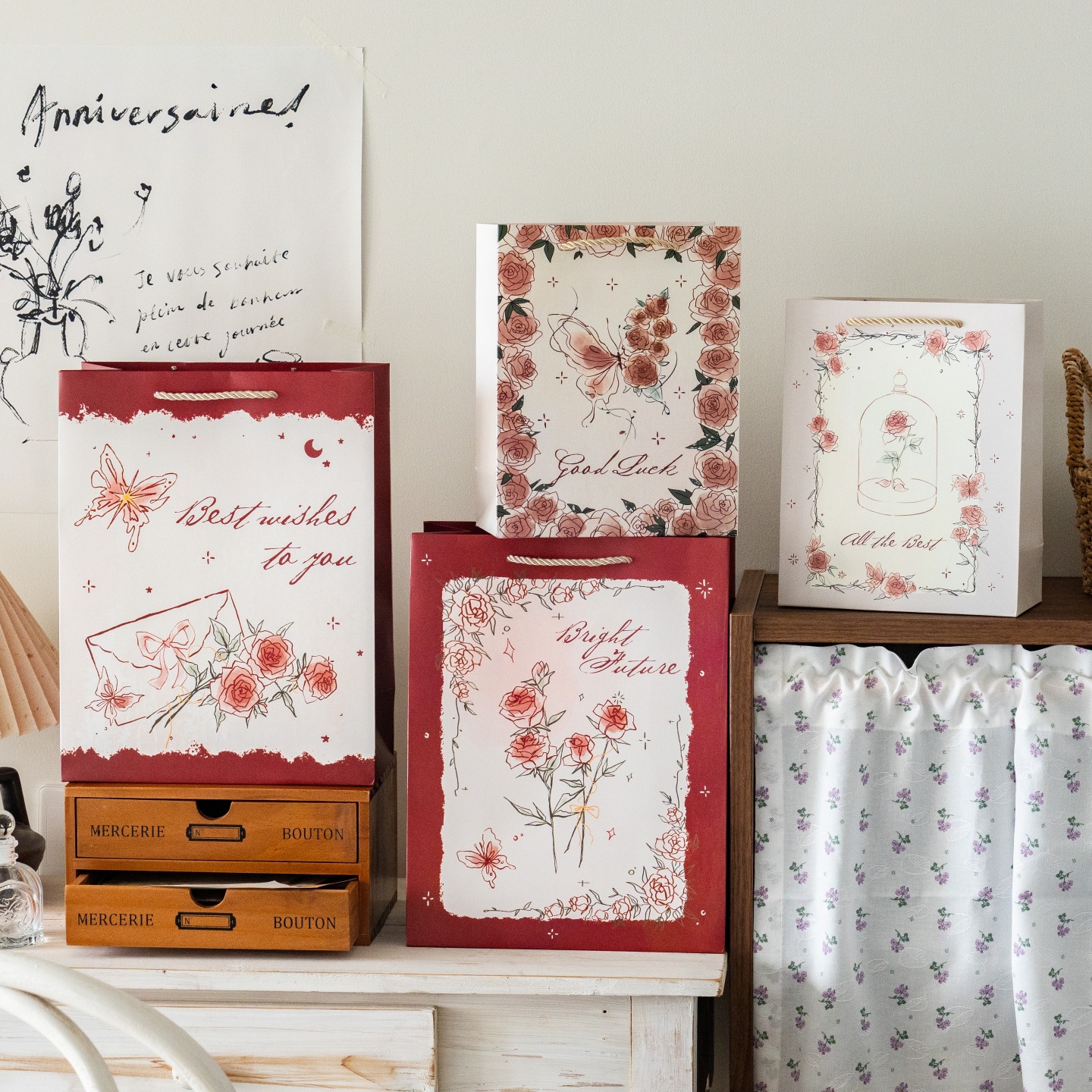 浪漫玫瑰蝴蝶手提袋礼品袋手提礼物包装袋精美手提袋方形加厚纸袋