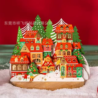 厂家定制圣诞村3D弹出式贺卡带信封-金色箔激光切割创意节日设计