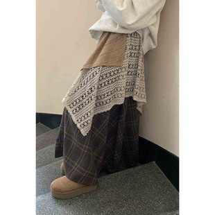 Lace Patchwork Irregular Skirt for Women, Summer High-Waisted Slimming A-Line Plaid Umbrella Skirt, Layered Ruffle Skirt with Apron