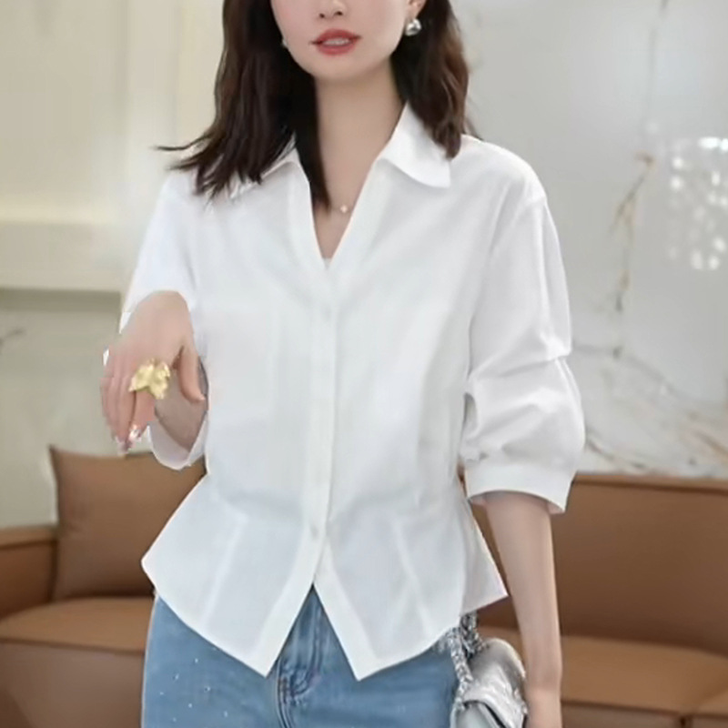 2025夏季开衫流行风格松弛感女白色法式知性薄款独特短袖衬衫|undefined