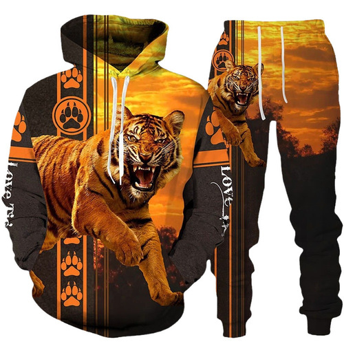 Bestselling Tiger 3D Digital Printing Hooded Sweatshirt Set for Spring and Autumn - Men's Sweatshirt Set