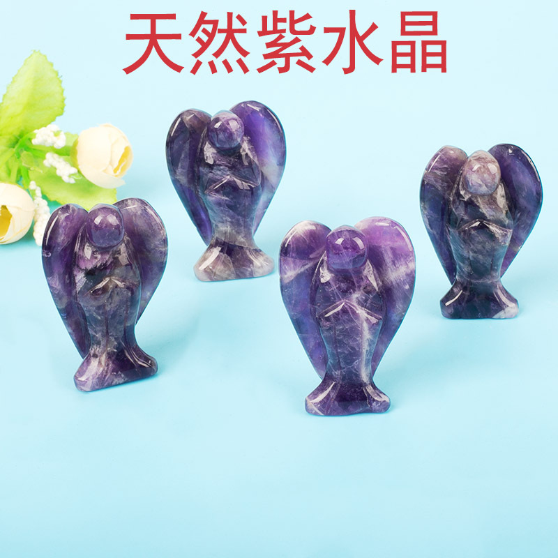 跨境熱銷天然水晶天使雕刻件粉晶東陵水晶石英工藝品玉石擺件