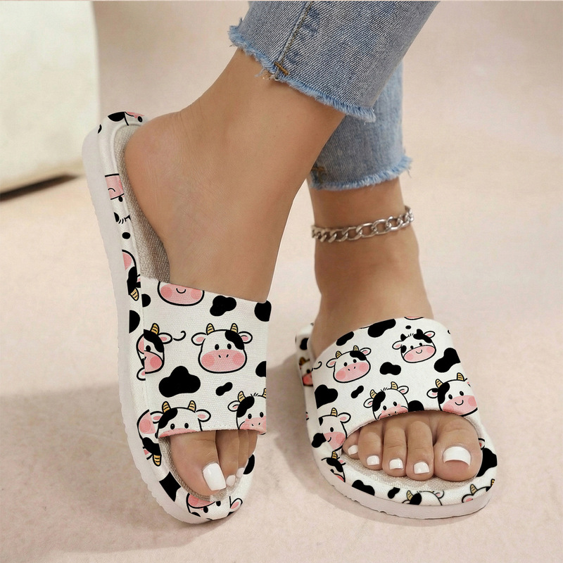 Cartoon Cow Print Linen Slippers, Foam-Soled Slide Sandals, Casual Women's Slippers, Direct Supply from the Manufacturer for Cross-Border Sales