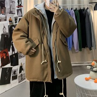 Hong Kong Style Fake Two-piece Woolen Coat Men's Spring and Autumn Couple Loose Hooded Coat Fashionable Duffian Handsome Woolen Coat