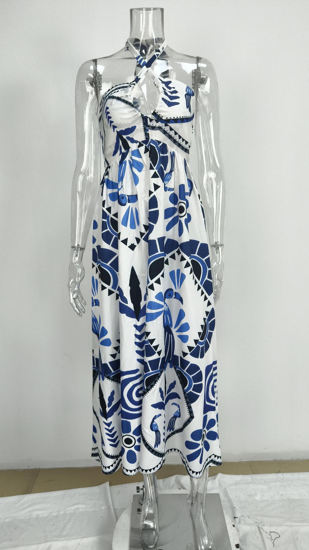 273g Weight Midi Dress Dress Length Type Wholesale Women's Vacation Flower Holiday Halter Neck Sleeveless Swing Dress