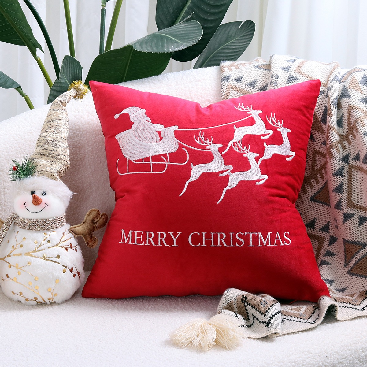 Ventas transfronterizas en caliente de alce árbol de Navidad estampado almohada cubierta de nieve de otoño y invierno bordado estilo de decoración de vacaciones atmósfera cojín cubierta