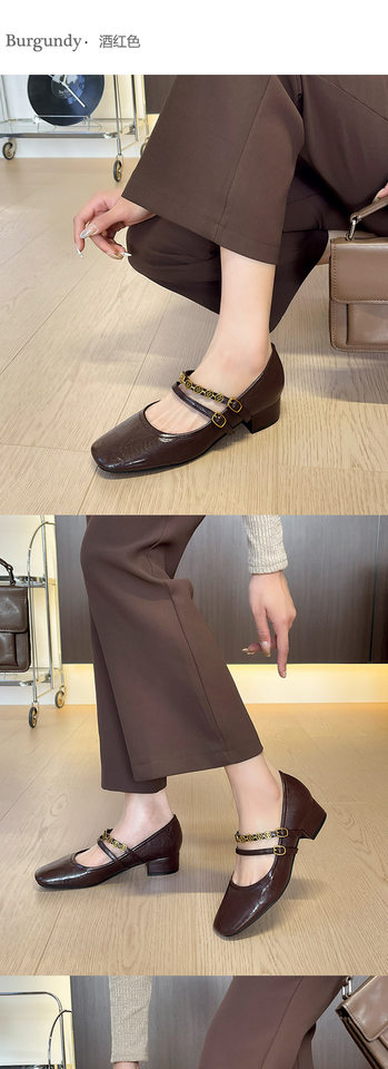 Giày Mary Jane nữ quai đôi mũi vuông gót vừa 3–6 cm, bề mặt mềm, kiểu Pháp — rượu vang đỏ, đen chi tiết 6