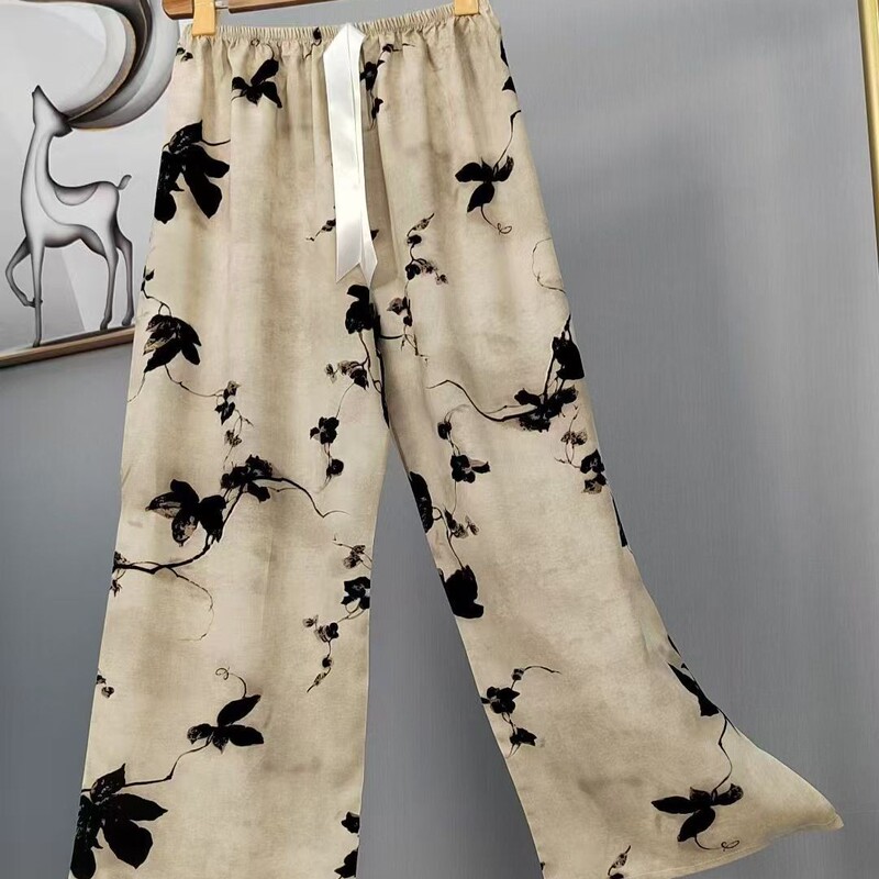 Cotton Silk Pajamas for Women, Summer Thin Printed Cotton Silk Maternity Wide-Leg Pants That Can Be Worn Outside, Artificial Cotton Popular Large Size Pants