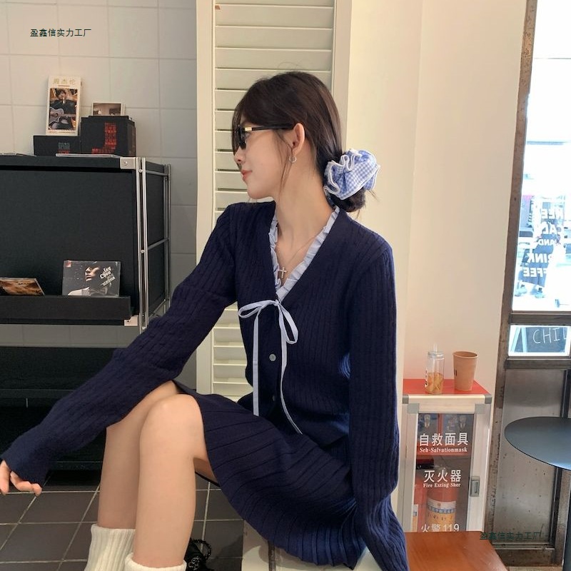 套装学院2025秋冬新款韩系针织开衫上衣高腰显瘦半身裙甜美两件套