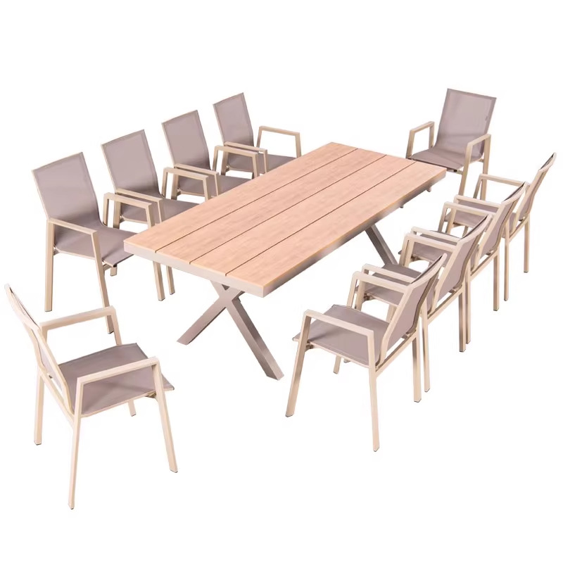 Mesa y silla de patio al aire libre, madera plástica, casa nórdica, patio al aire libre, jardín al aire libre, balcón, combinación de terraza de ocio