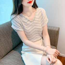 2023夏季新款时尚百搭减龄显瘦韩版珍珠蕾丝雪纺衫设计感短袖洋气