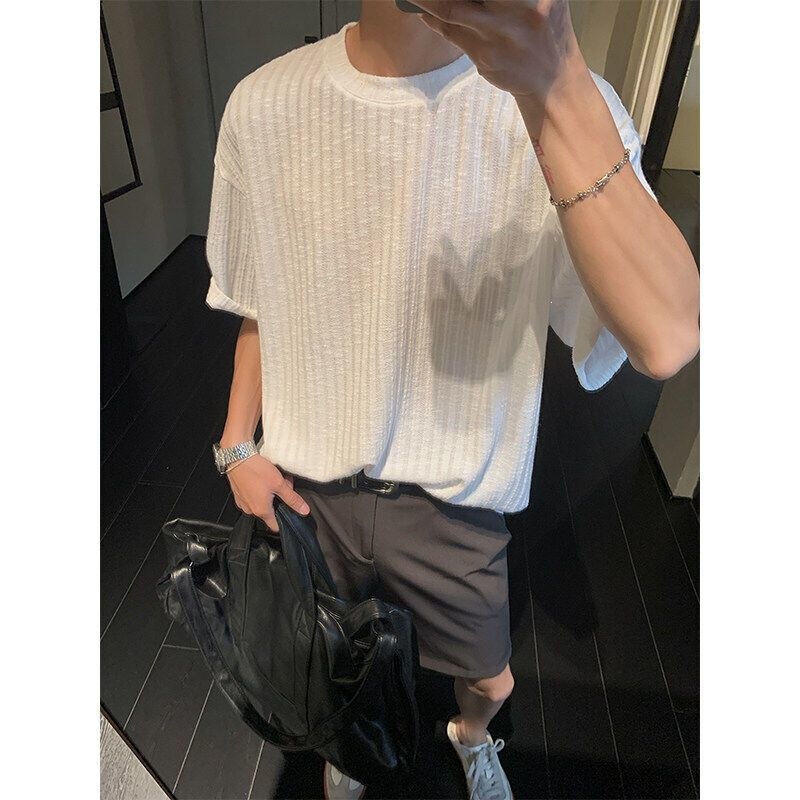2026 Men's Textured Short-Sleeved T-Shirt Summer Thin Ice Silk Cool Top Loose Trendy Ins Style Breathable