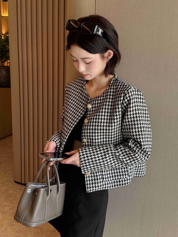 跨境批发法式名媛小香风短外套女圆领千鸟格显瘦短款上衣百搭|undefined