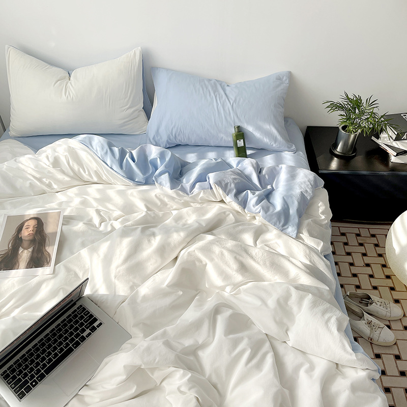 Nordic Washed Cotton Bed Four-Piece Set Japanese Solid Color Bed Sheet Duvet Cover Dormitory Student Fitted Sheet Three-Piece Set