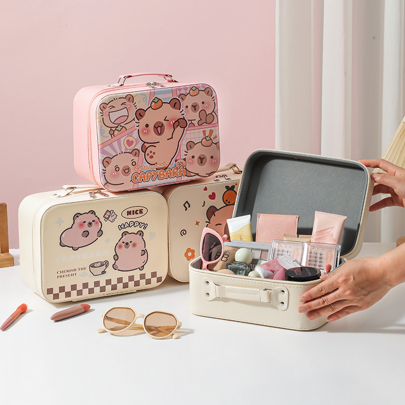 Cartoon Kapibara caja de maquillaje de gran capacidad bolsas de maquillaje portátiles lindas sin espejo caja de regalo