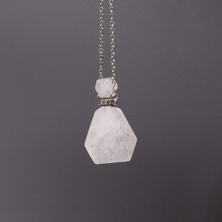 Comercio exterior Venta caliente fluorita Piedra Natural cristal botella de perfume collar Cadena de acero inoxidable botella de perfume collar de cristal al por mayor