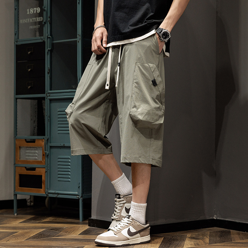Summer Workwear Men's Cropped Pants, Thin and Breathable, Large Size Sports Beach Shorts, Loose-Fitting Wide-Leg Pants for Men