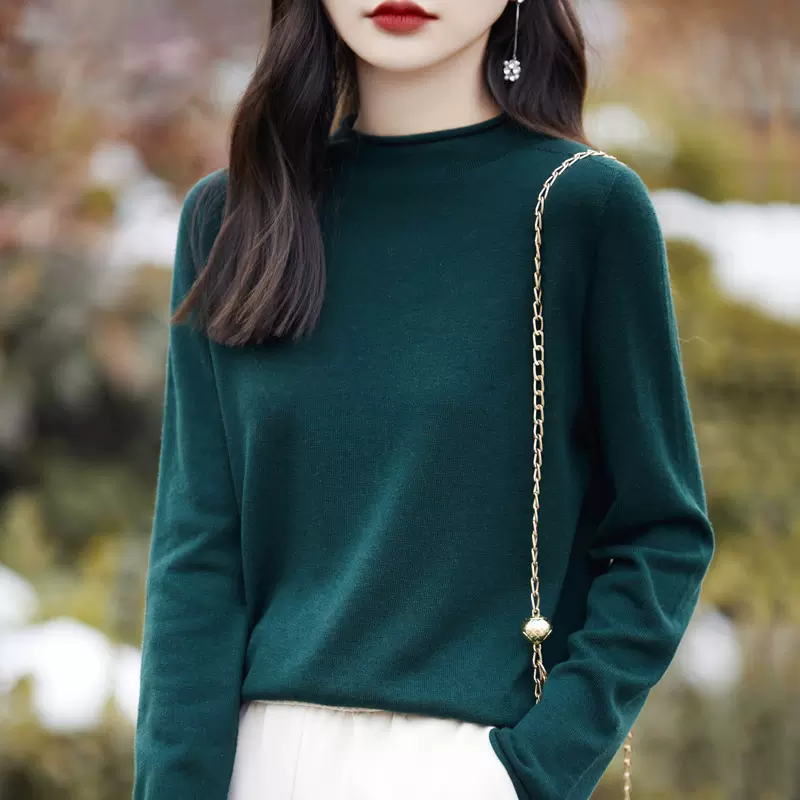 一线成衣圆领精仿毛衣女士套头显瘦针织衫纯色卷边气质打底羊毛衫