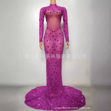 跨境演出服夜店酒吧女歌手满钻镜片包臀修身微黑白短裙模特